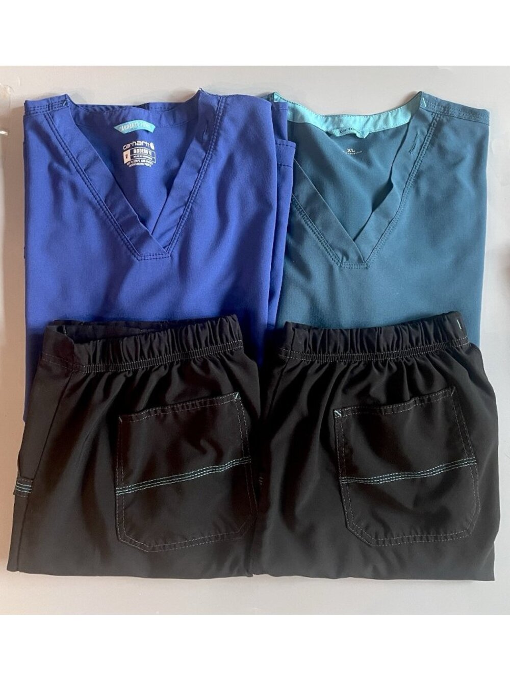 Carhartt Force Scrubs Lot 4pc Set XL Tops L Pants Black Teal Blue Cargo V-neck
